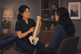 Dr. Audra Moran explaining a spine model to a patient
