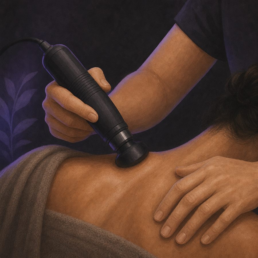 Soft-tissue therapy device being used along a patient's shoulder