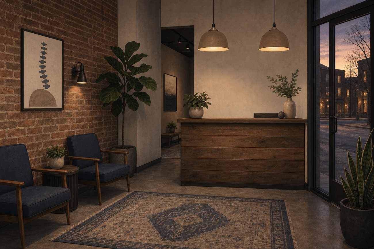 Reception of the Preferred Chiropractic suite with brick wall and warm lamps